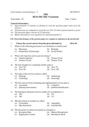 Nagaland Board Class 10 HEALTHCARE (Vocational) 2020 Question Paper
