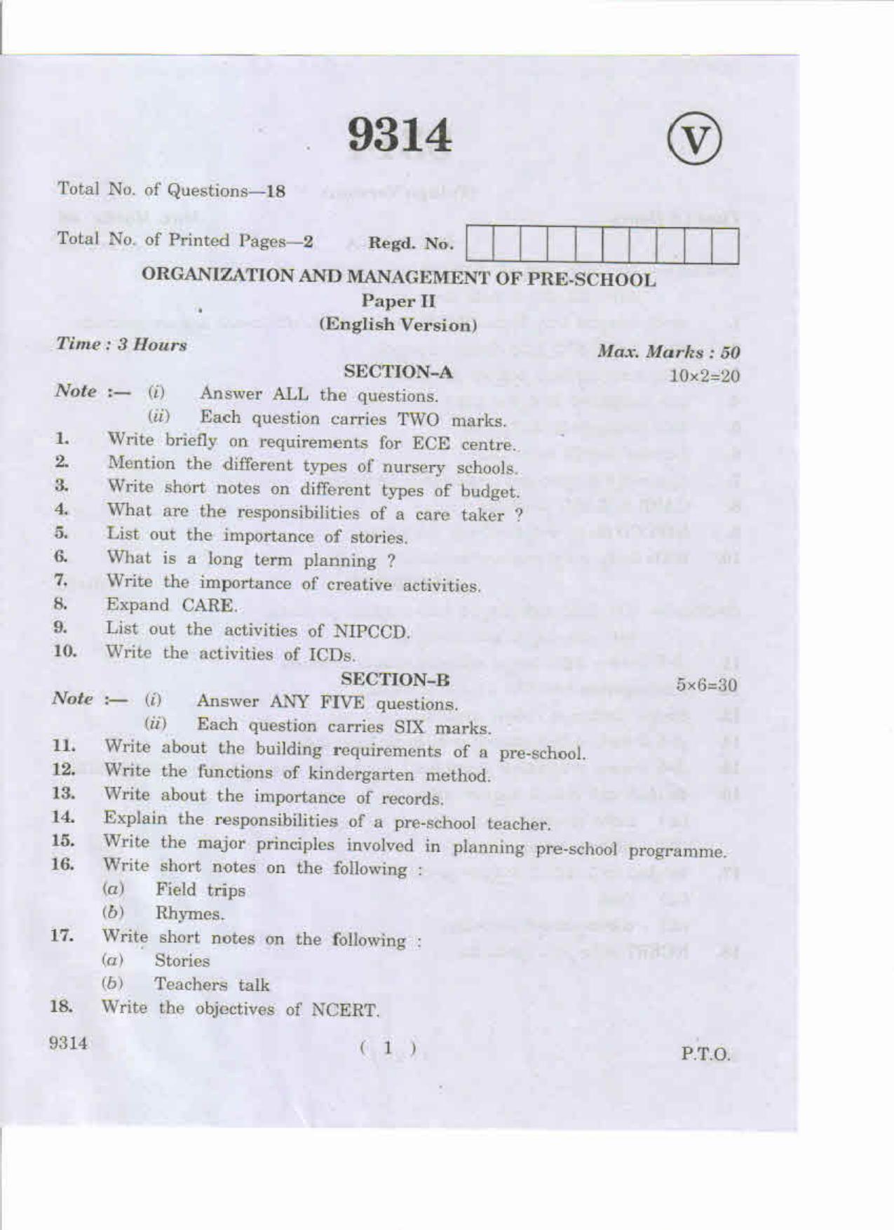 AP Inter 2nd Year Organization and Management of Pre-School-II May-2019-Vocational Question Paper - Page 1