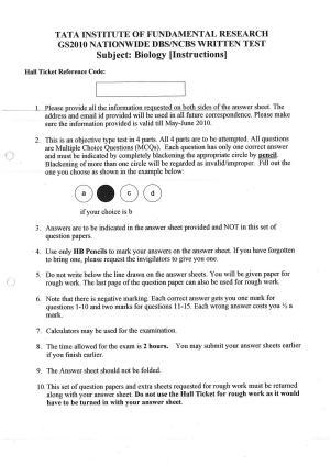 TIFR GS 2010 Biology Question Paper