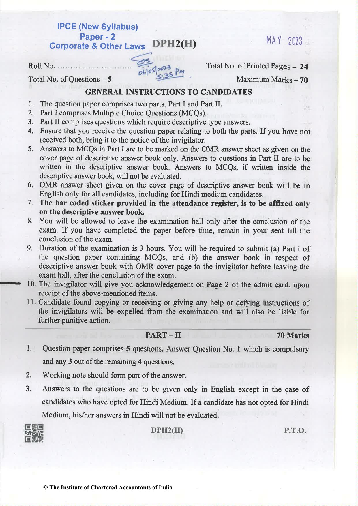 CA Inter May 2023 Question Paper - Paper 2 – Corporate and Other Laws - Page 1