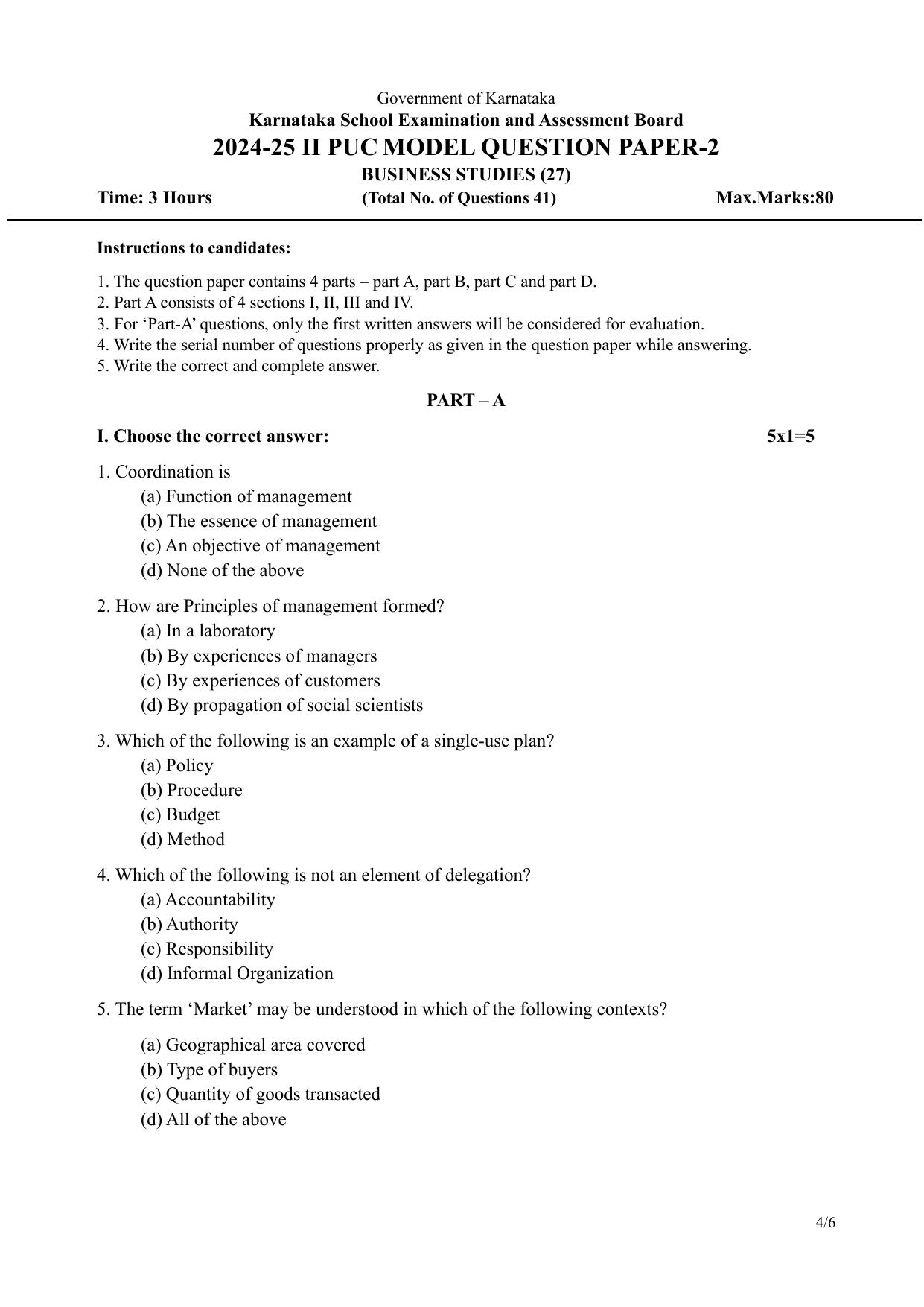 Karnataka II PUC Business Studies Model Question Paper II 2025 - Page 4