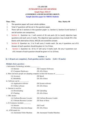 PSEB Class 12 Fundamentals Of E-Business (For DA Students) Model Papers 2025