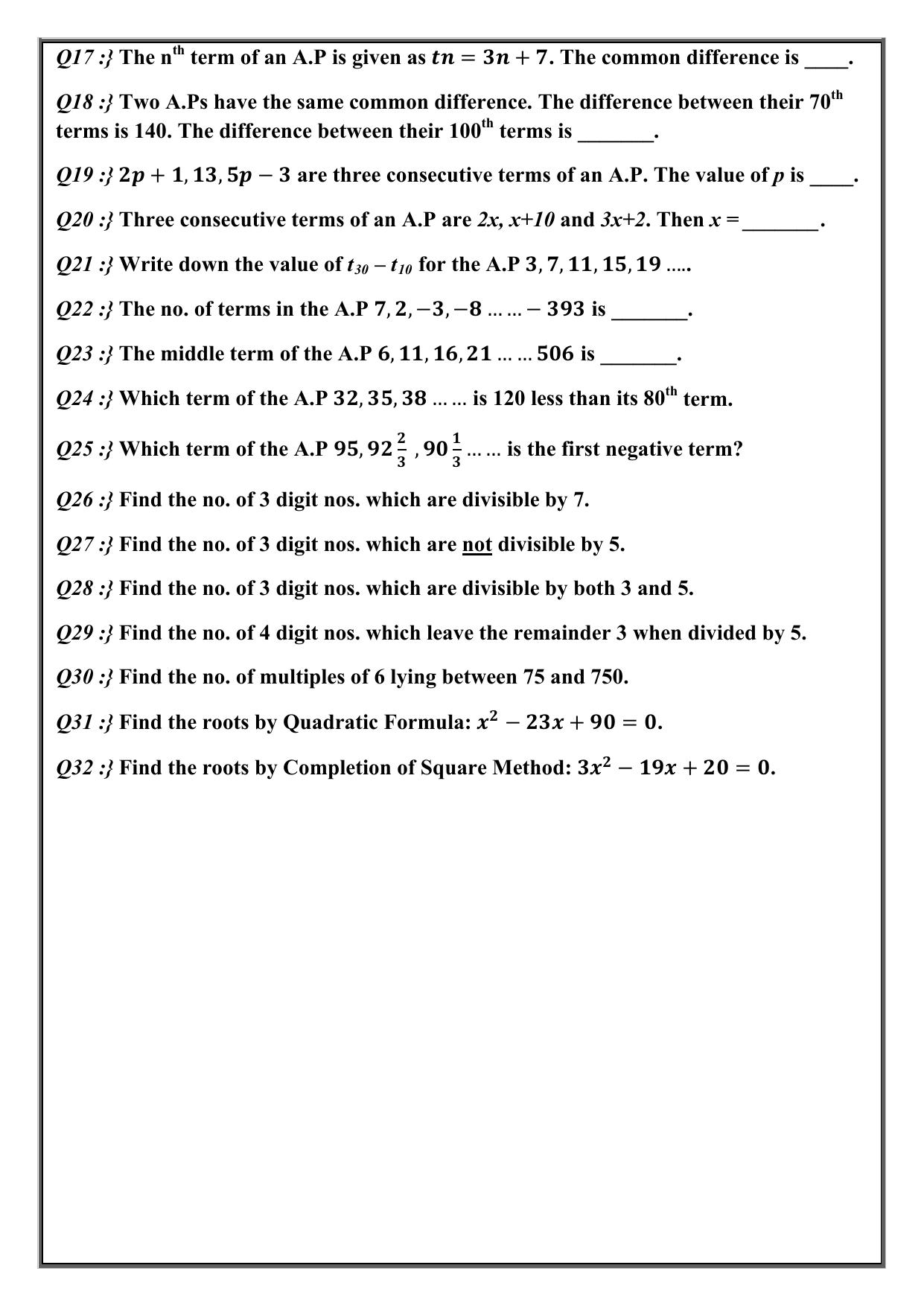 CBSE Worksheets for Class 10 Maths Quadratic Equation Assignment 7 - Page 2