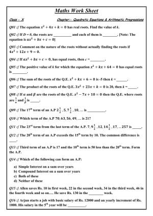 CBSE Worksheets for Class 10 Maths Quadratic Equation Assignment 7