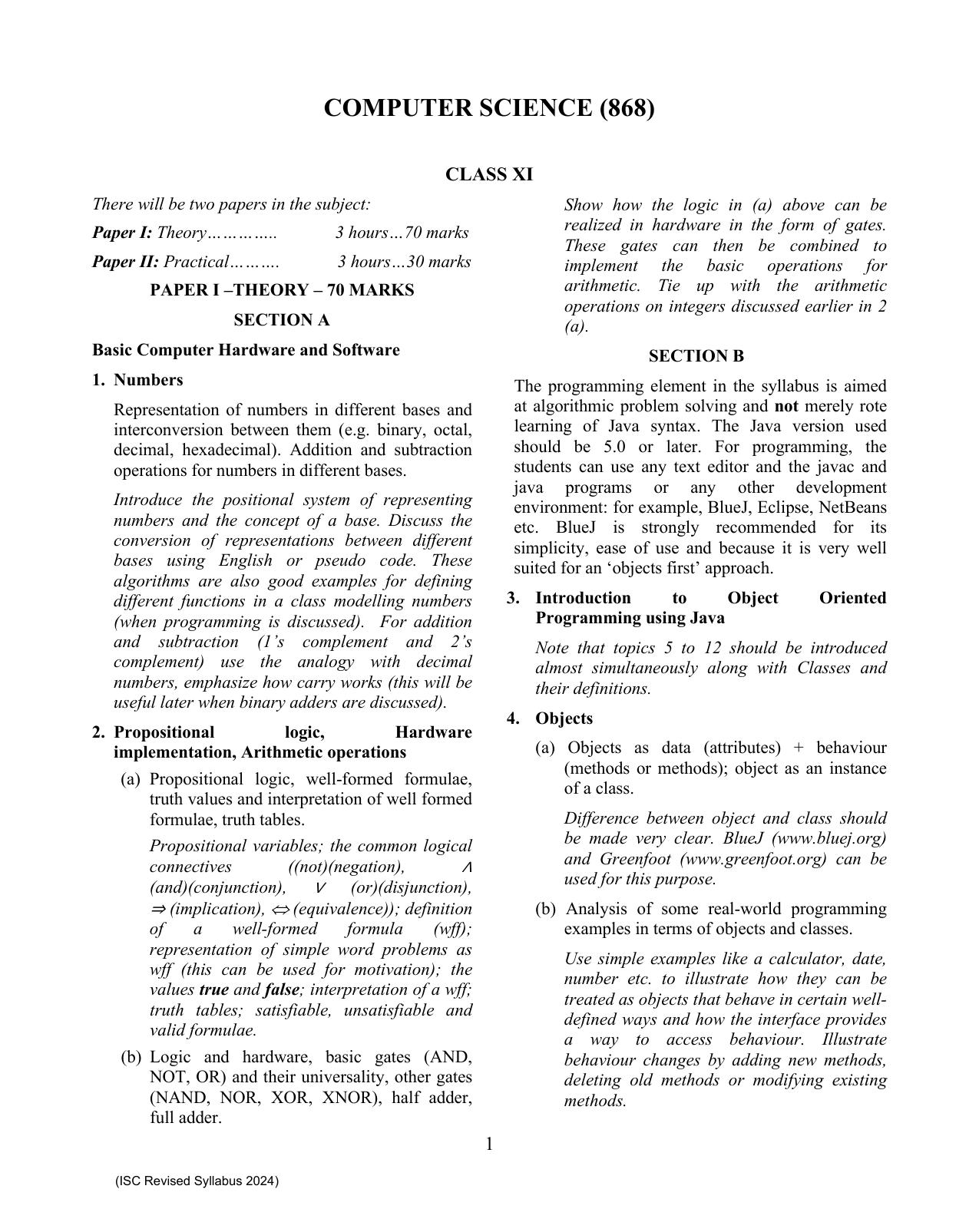ISC Class XI Computer Science 2025 Syllabus - Page 1