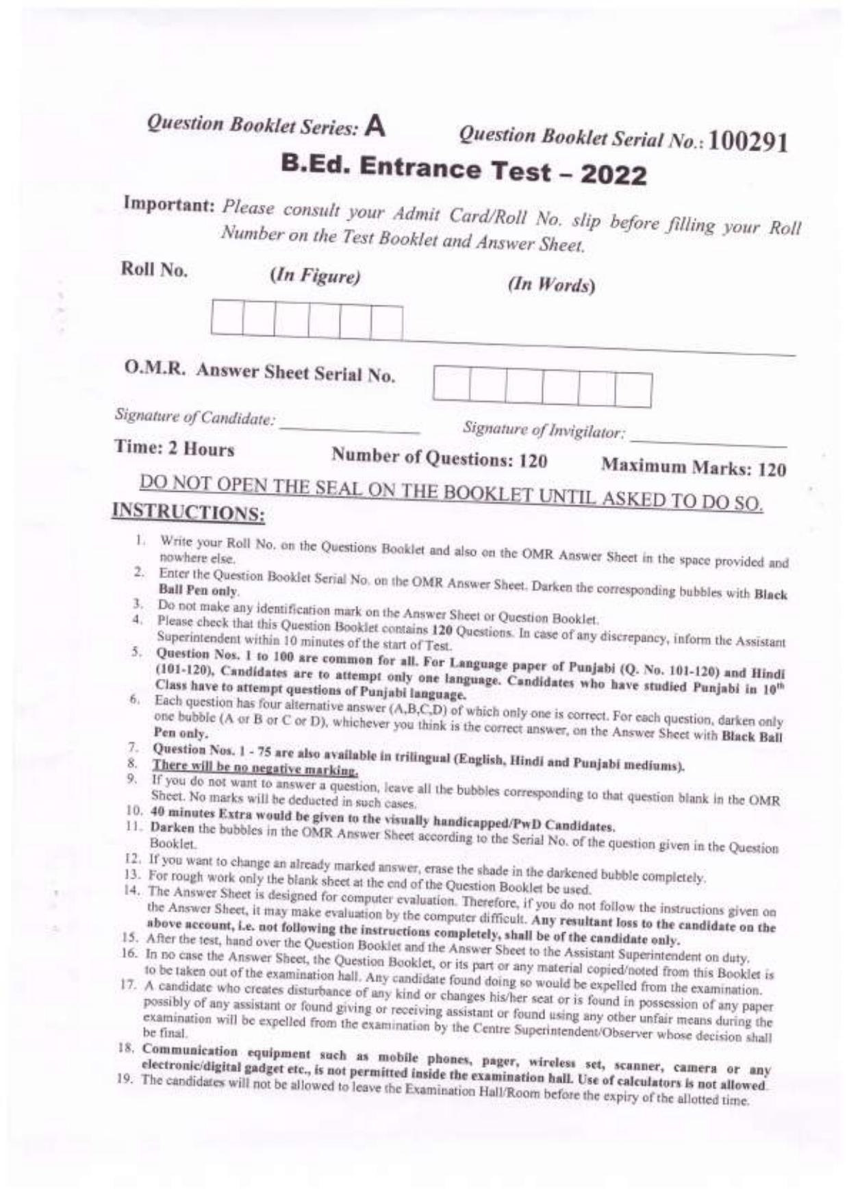 Chandigarh B.Ed 2022 Question Paper - Page 1