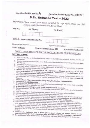 Chandigarh B.Ed 2022 Question Paper
