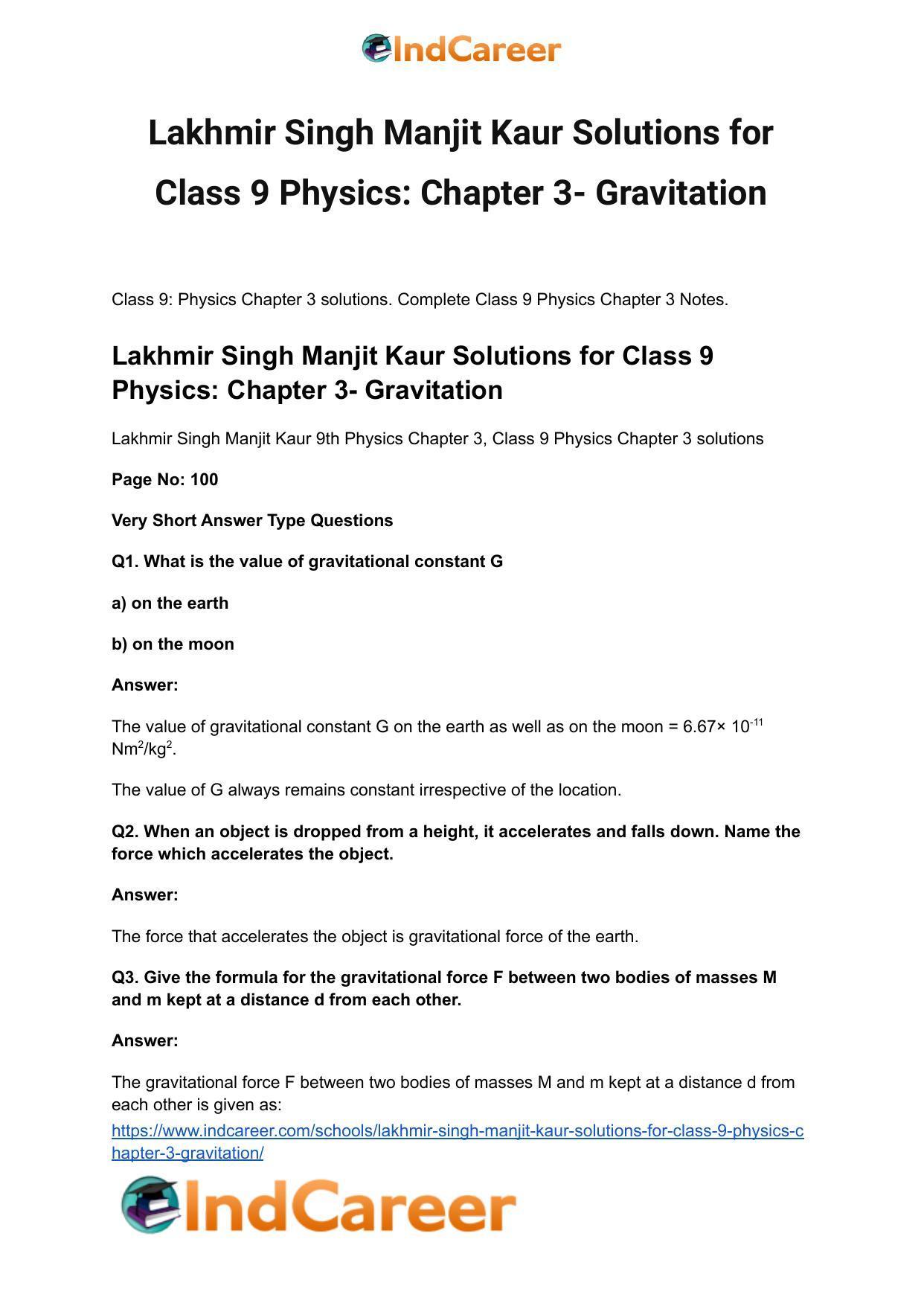 Lakhmir Singh Manjit Kaur Solutions for Class 9 Physics: Chapter 3- Gravitation - Page 2