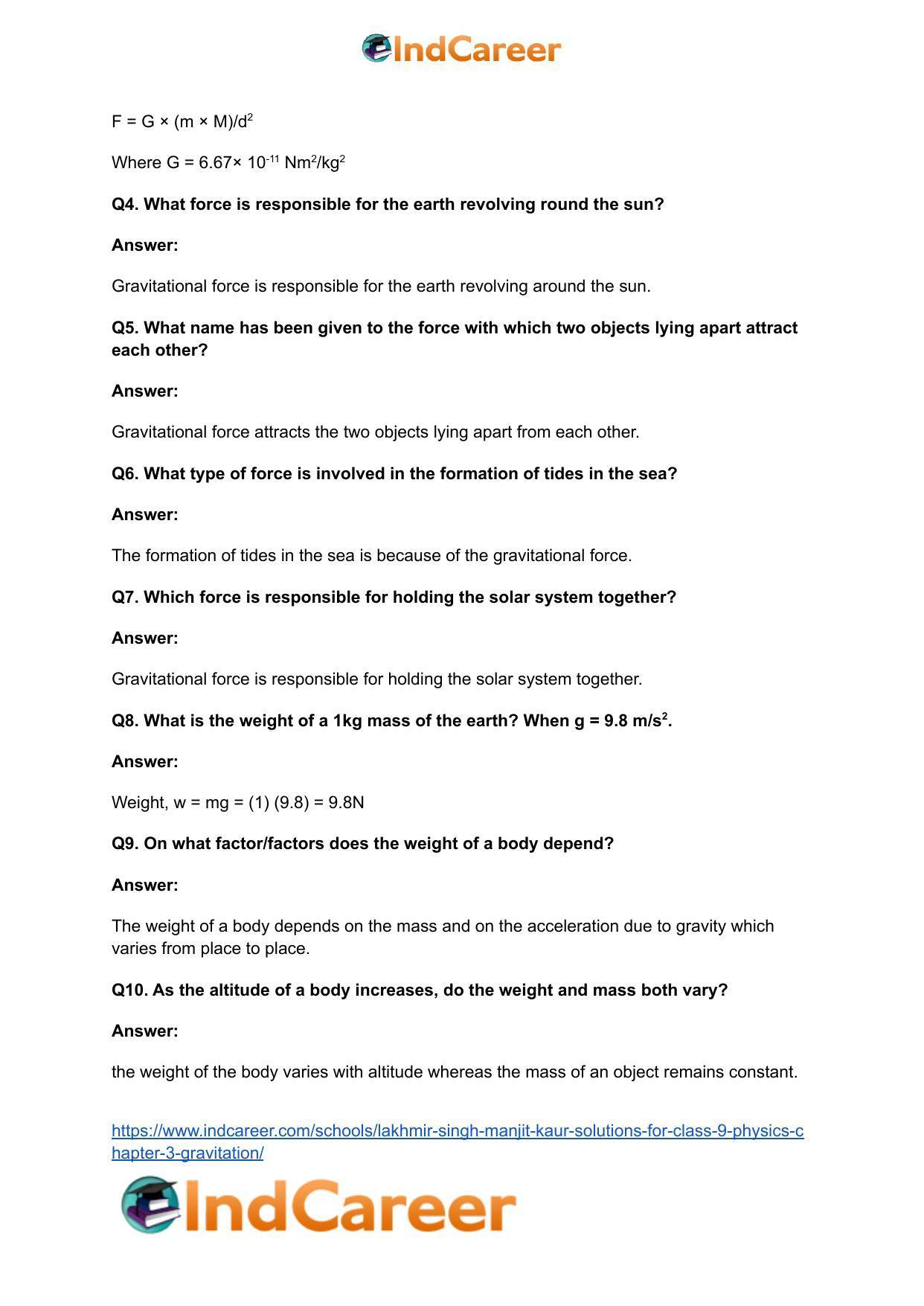 Lakhmir Singh Manjit Kaur Solutions for Class 9 Physics: Chapter 3- Gravitation - Page 3