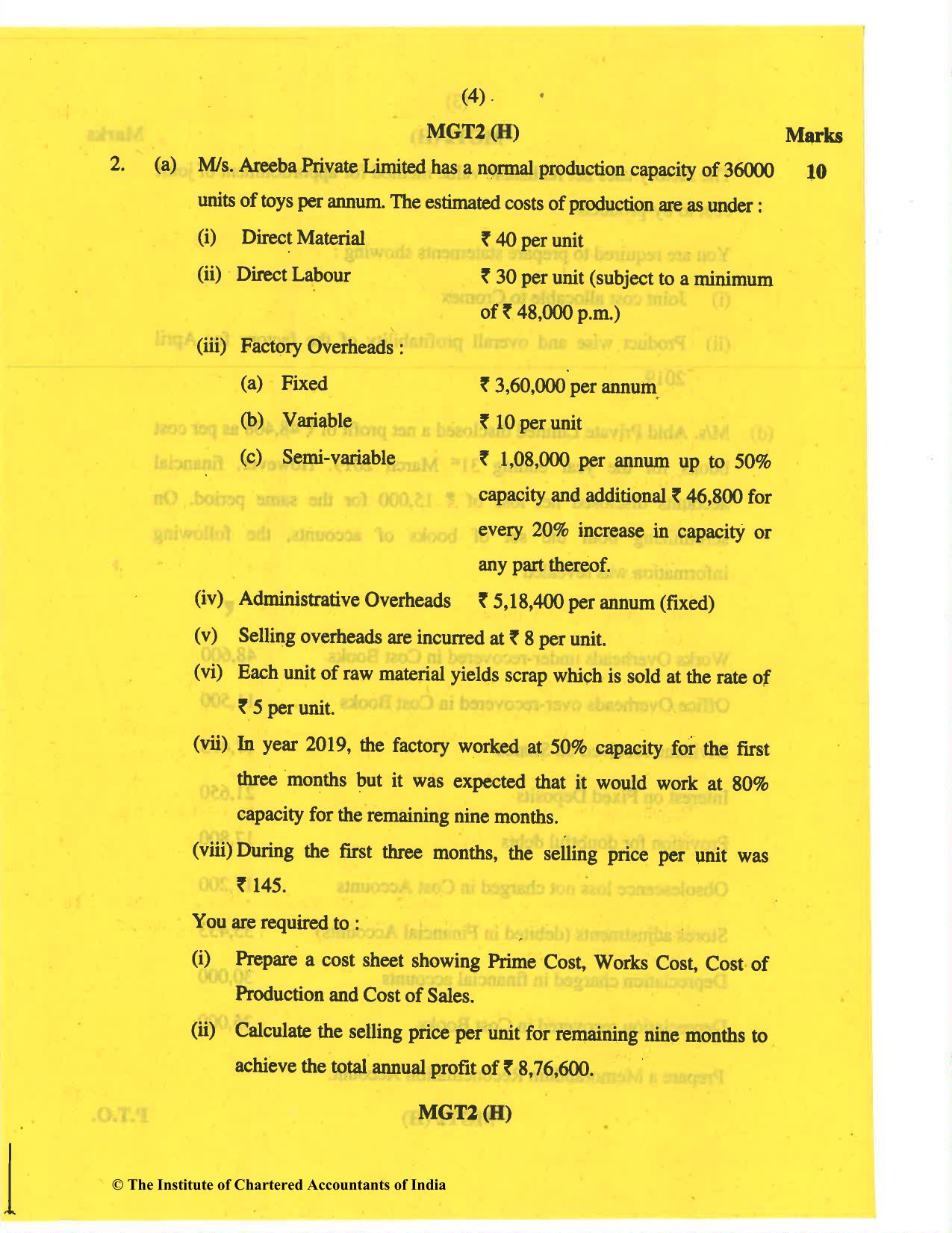 CA Inter May 2019 Question Paper - Paper 3 – Cost and Management Accounting - Page 4