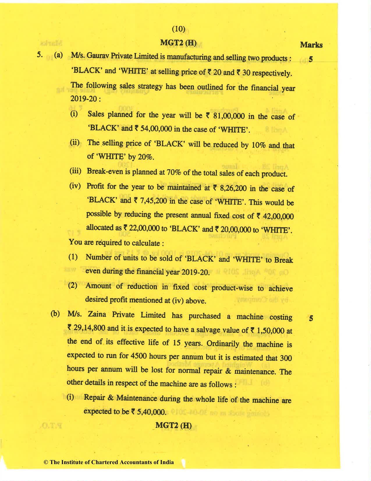CA Inter May 2019 Question Paper - Paper 3 – Cost and Management Accounting - Page 10