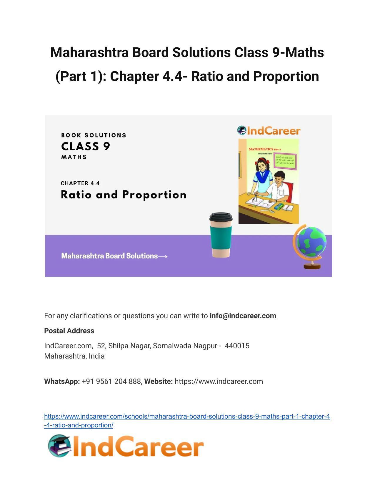 Maharashtra Board Solutions Class 9-Maths (Part 1): Chapter 4.4- Ratio and Proportion - Page 1