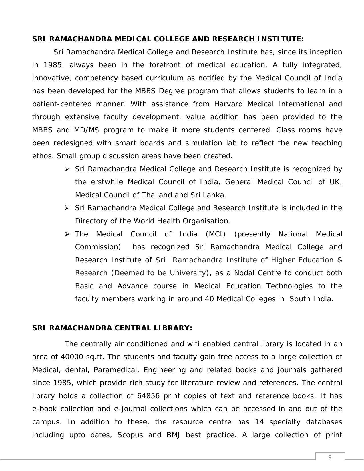 Sri Ramachandra University,Chennai Group: UG - A Prospectus 2022-23 - Page 9