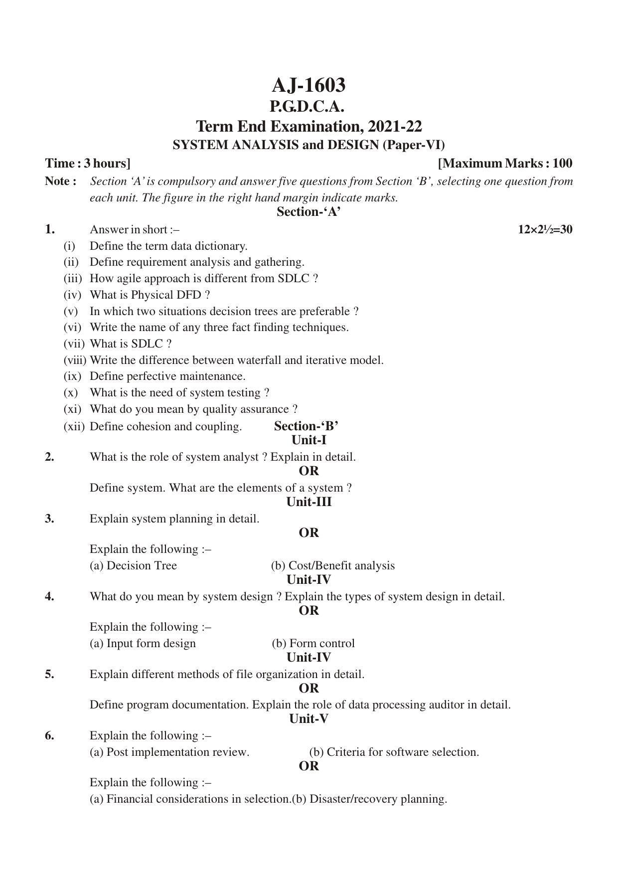 Bilaspur University Question Paper 20212022P.G. Diploma In Computer
