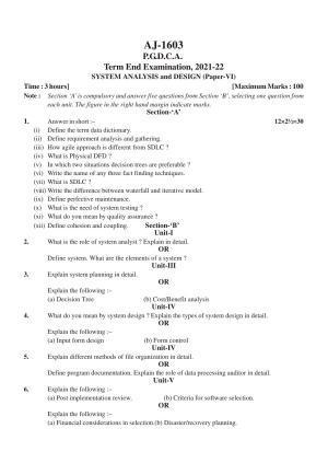 Bilaspur University Question Paper 2021-2022:P.G. Diploma In Computer Applications System Analysis And Design Paper 1