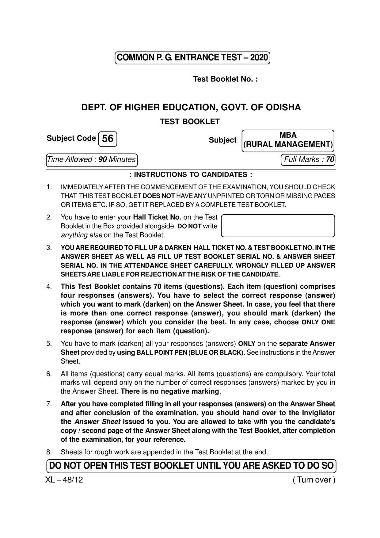 Odisha CPET MBA (RURAL MANAGEMENT) 2020 Question Paper - Page 1