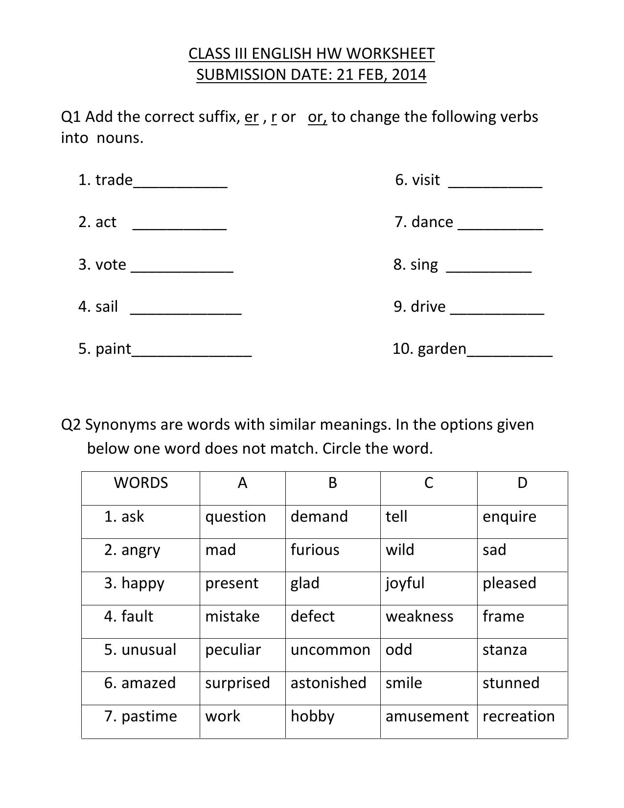 Worksheet for Class 3 English Suffix Assignment - Page 1