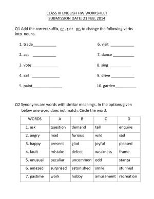 Worksheet for Class 3 English Suffix Assignment