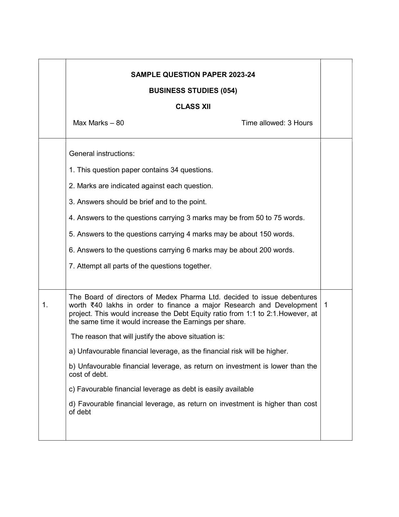 CBSE Class 12 Business Studies Sample Paper 2024 - Page 1