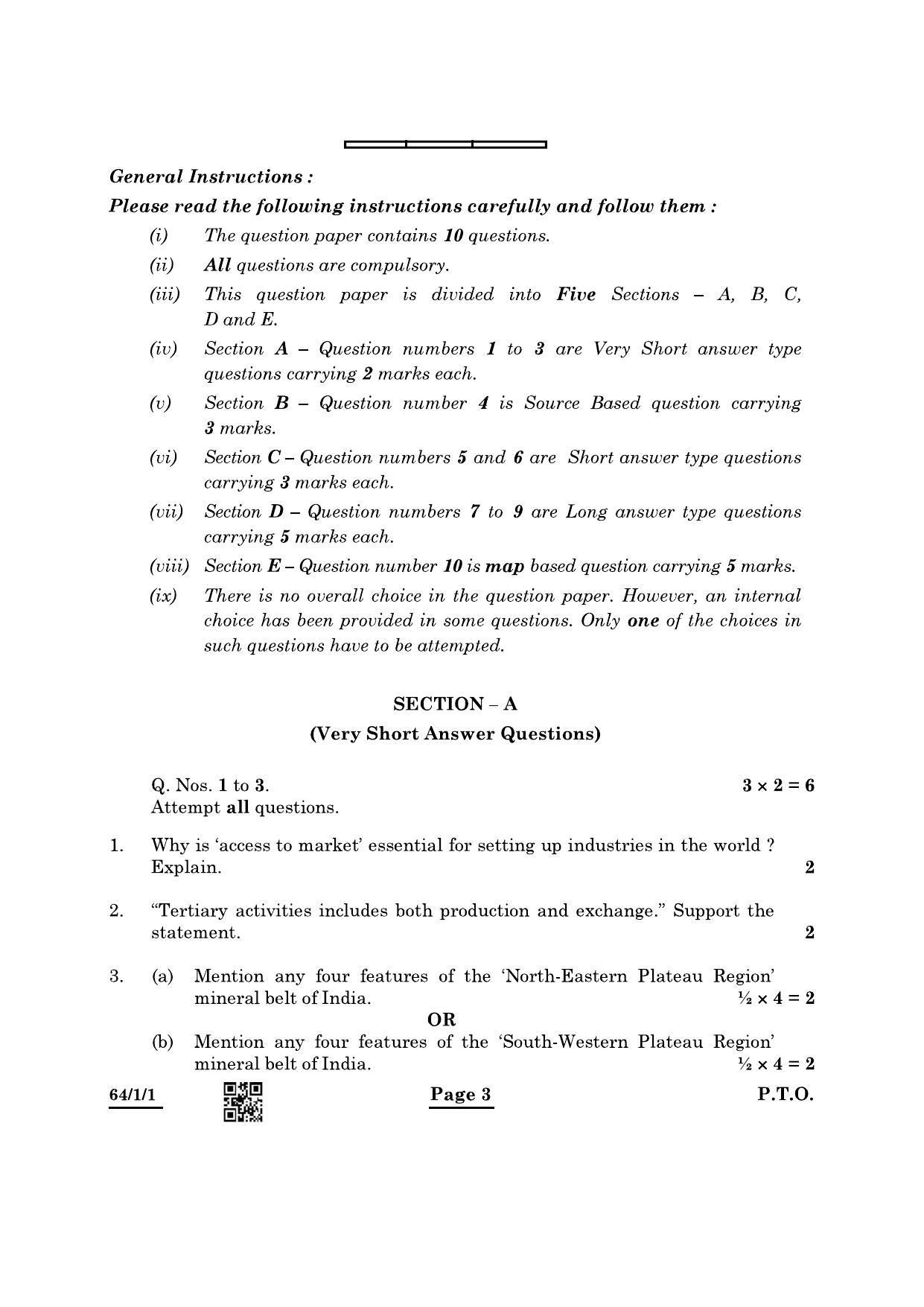 CBSE Class 12 64-1-1 Geography 2022 Question Paper - Page 3