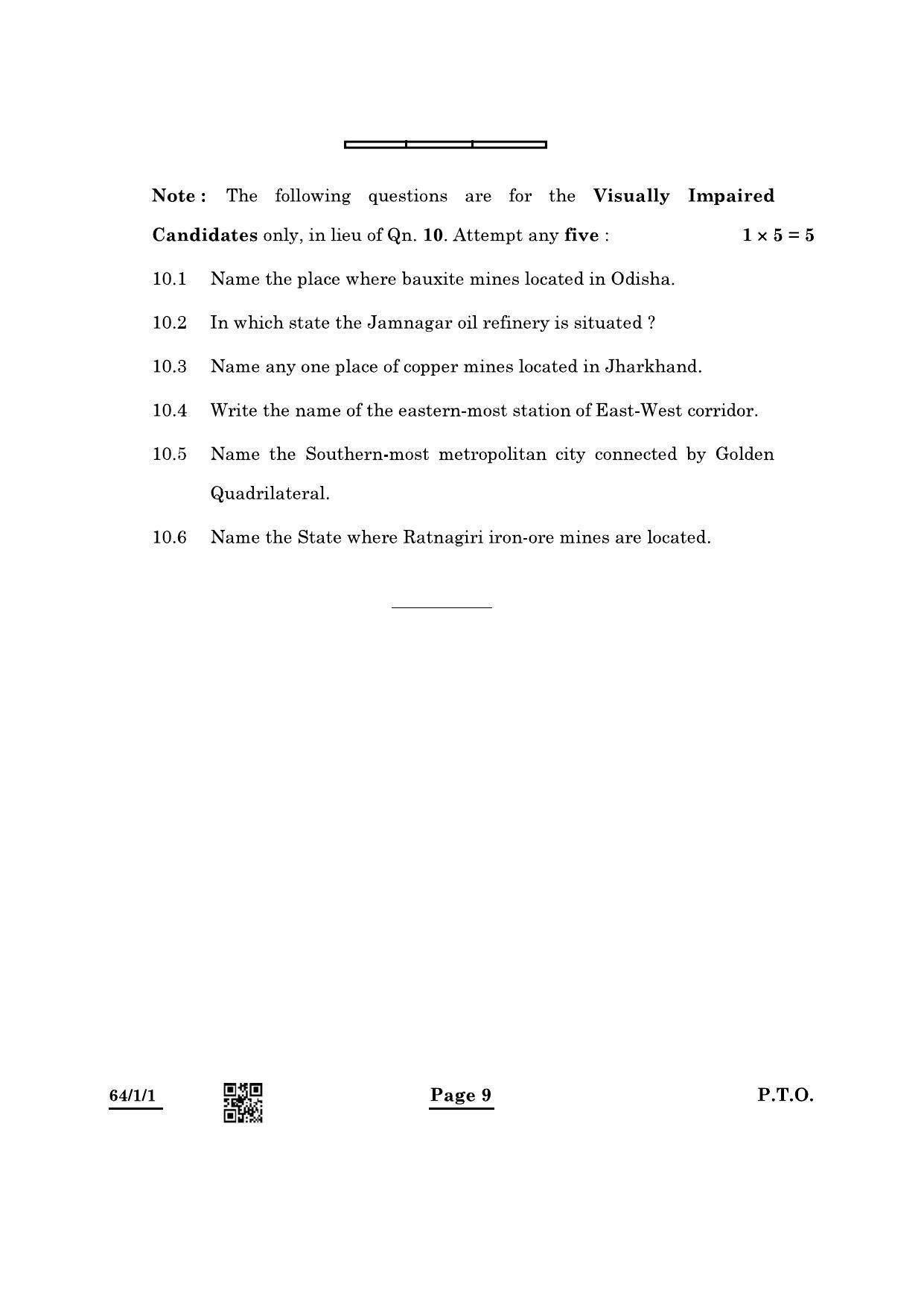 CBSE Class 12 64-1-1 Geography 2022 Question Paper - Page 9