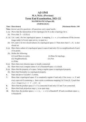Bilaspur University Question Paper 2021-2022:M.A (Previous) Mathematics Topology paper 1