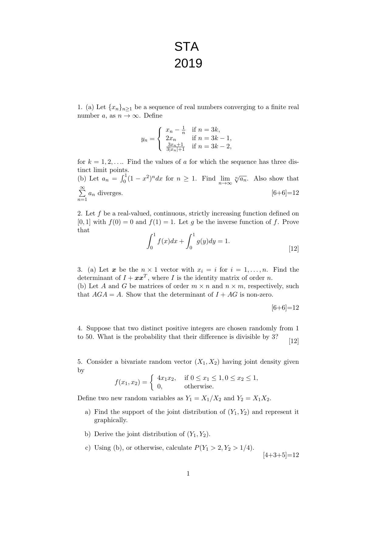 ISI Admission Test JRF in Statistics STA 2019 Sample Paper - Page 1