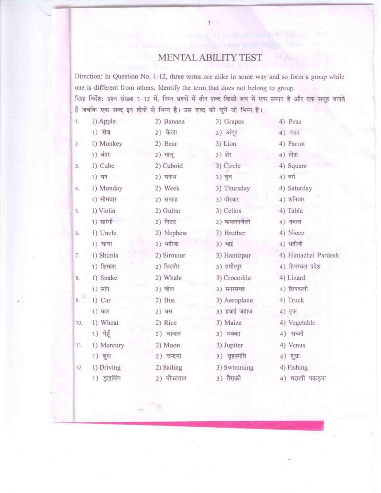 Himachal Pradesh NMMS MAT 2019 Question Paper - Page 1