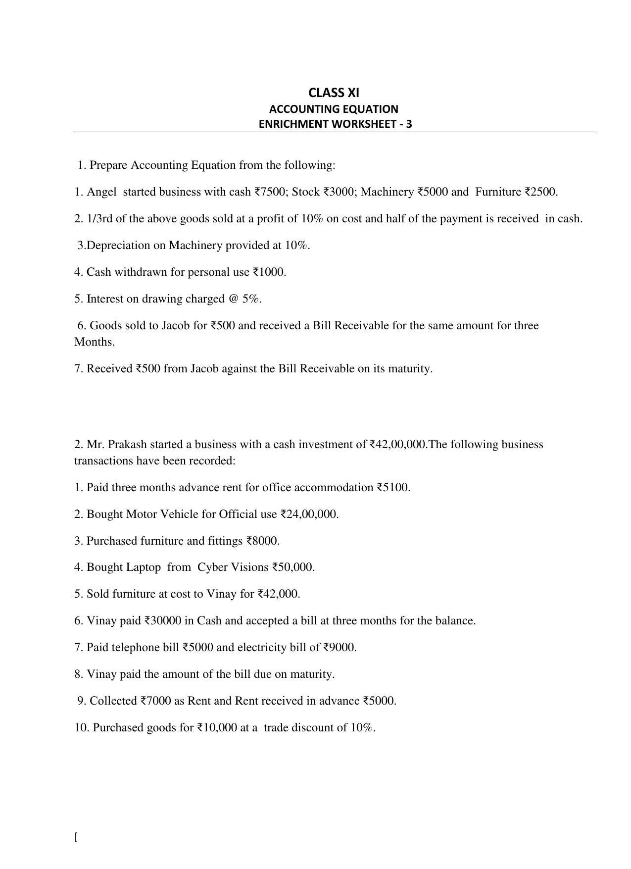 CBSE Worksheets for Class 11 Accountancy Equation Enrichment Assignment - Page 1