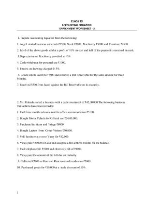CBSE Worksheets for Class 11 Accountancy Equation Enrichment Assignment