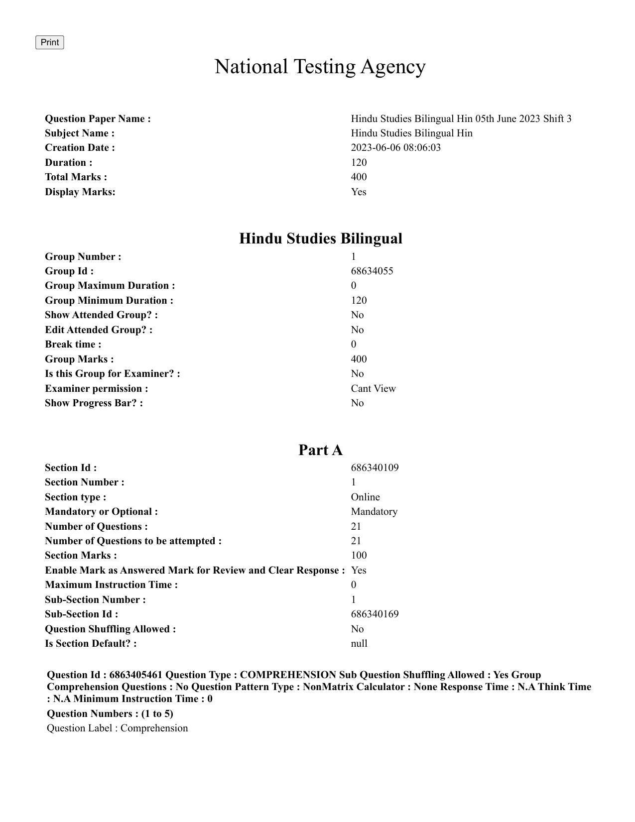 CUET PG 2023: ACQP08 – Hindu Studies (Bilingual) (Hindi) - Shift 3 (05-06-2023) Question Paper - Page 1