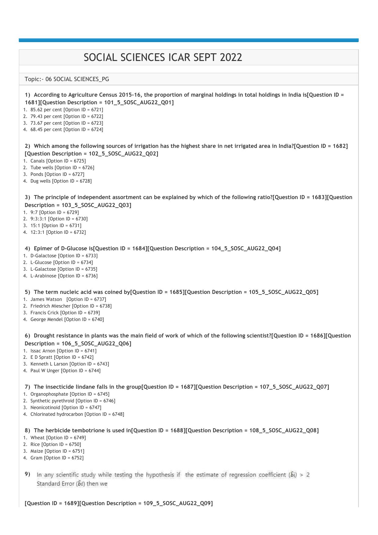ICAR AIEEA PG 2022 SOCIAL SCIENCES Question Paper - Page 1