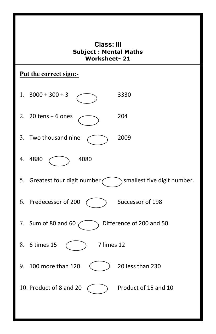 Worksheet for Class 3 Mathematics Assignment 22 - Page 1