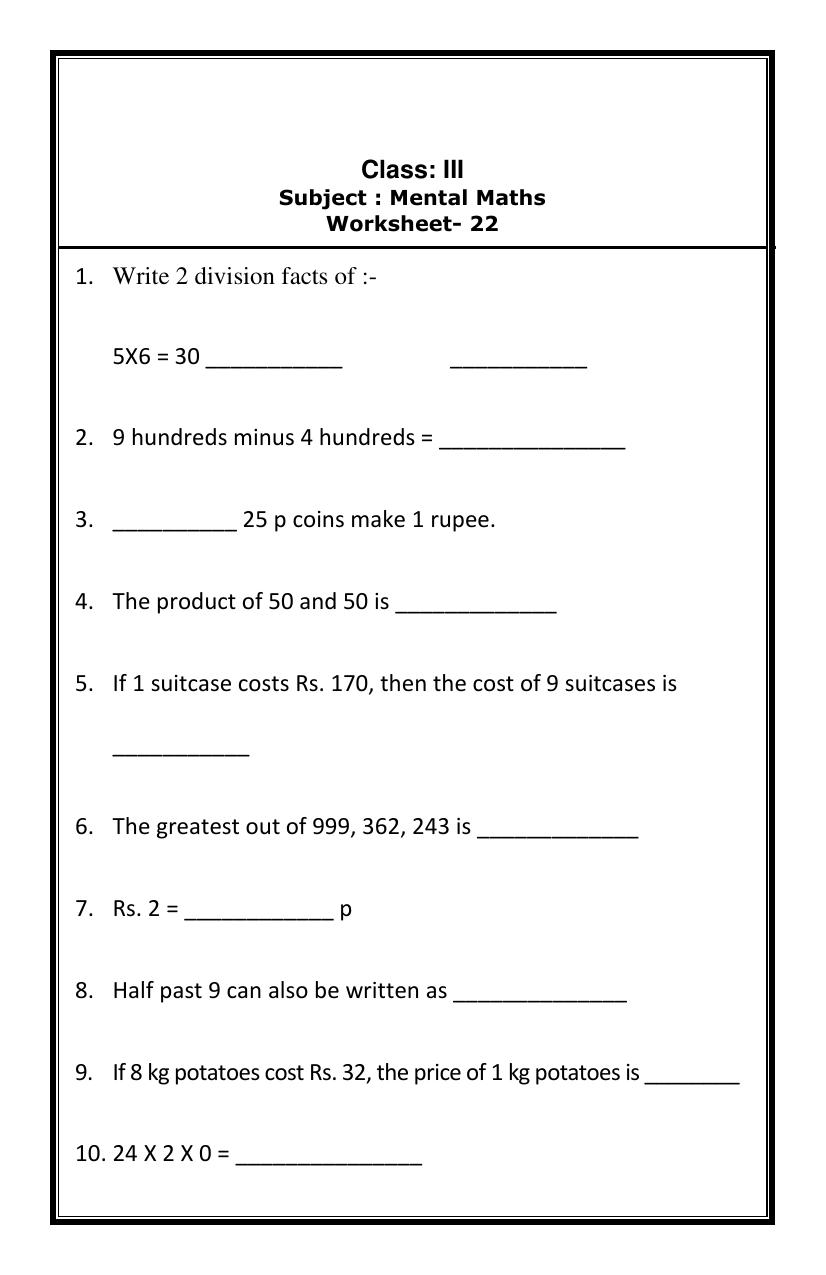 Worksheet for Class 3 Mathematics Assignment 22 - Page 2