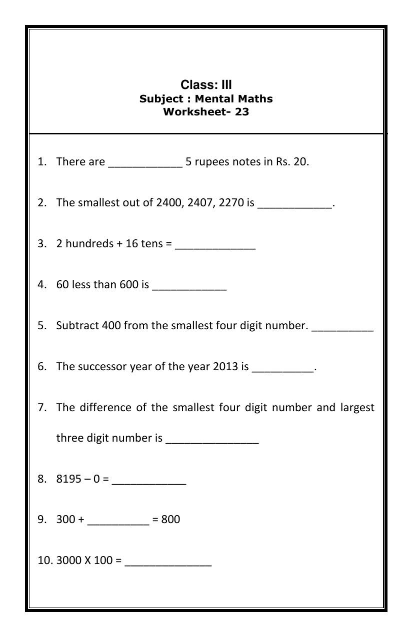 Worksheet for Class 3 Mathematics Assignment 22 - Page 3