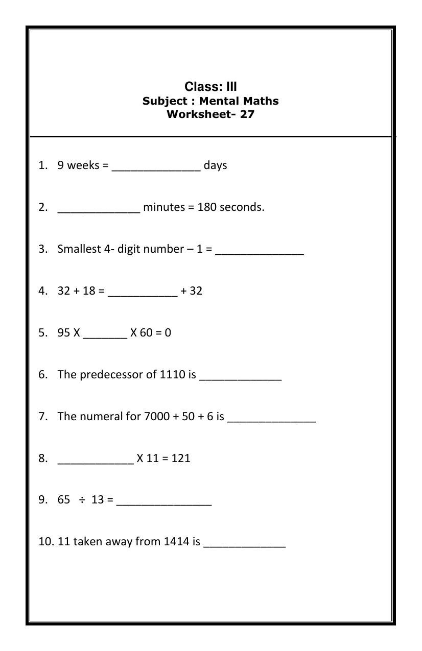 Worksheet for Class 3 Mathematics Assignment 22 - Page 7
