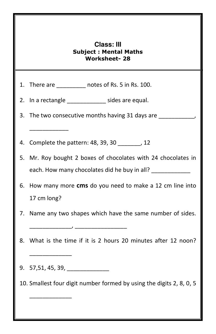 Worksheet for Class 3 Mathematics Assignment 22 - Page 8
