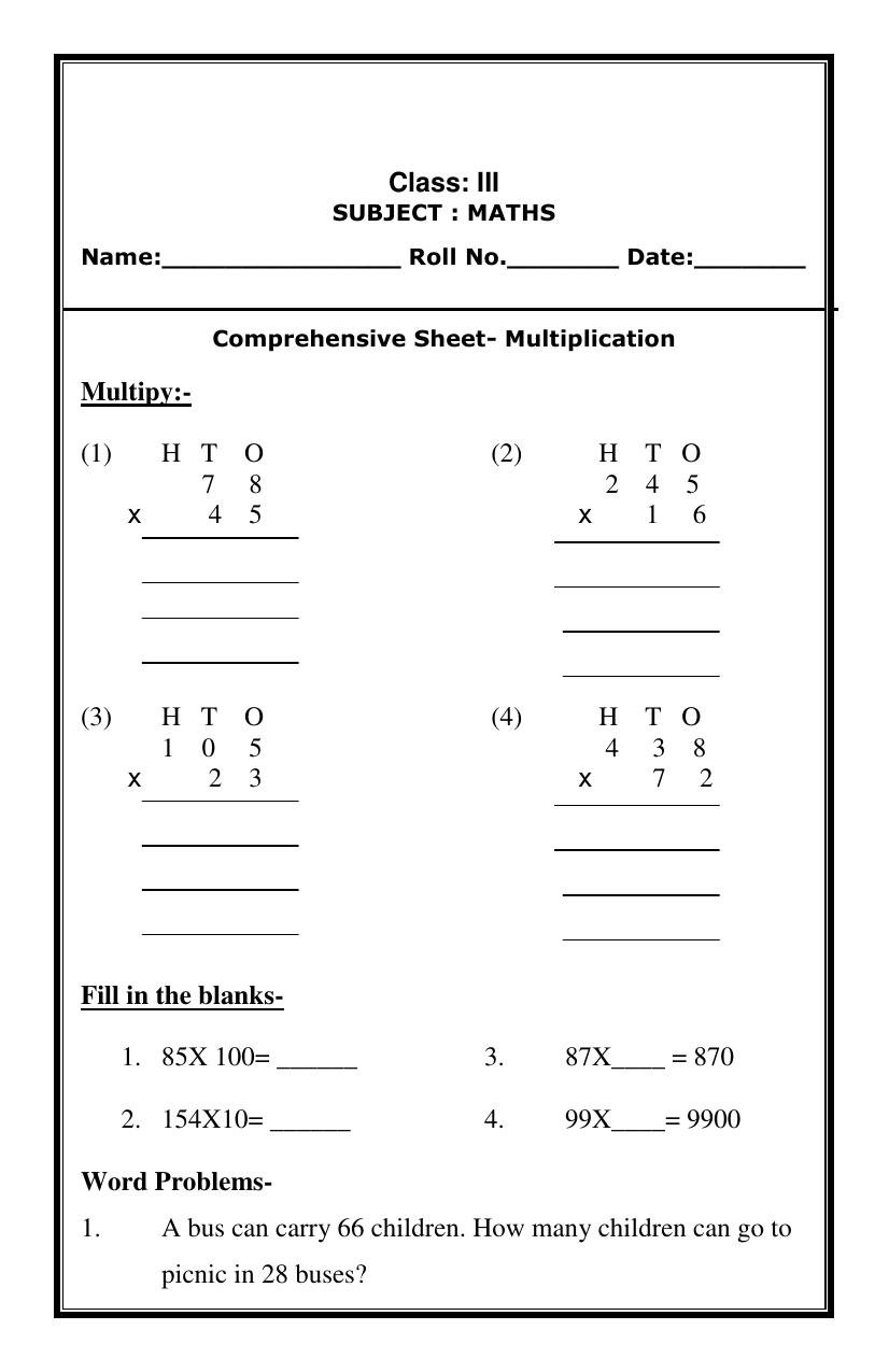 Worksheet for Class 3 Mathematics Assignment 22 - Page 9