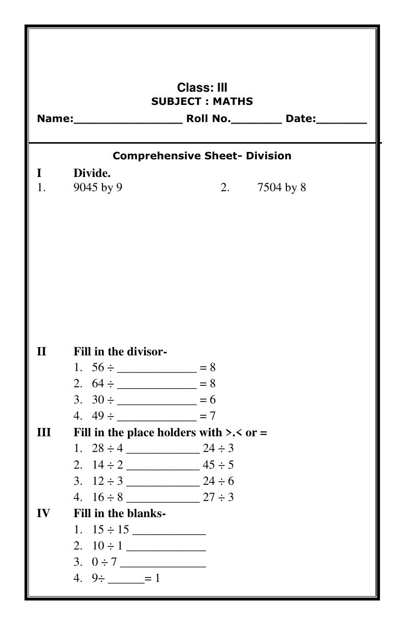 Worksheet for Class 3 Mathematics Assignment 22 - Page 11