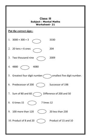 Worksheet for Class 3 Mathematics Assignment 22