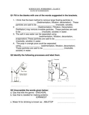 Worksheet for Class 5 Science Filtration Assignment