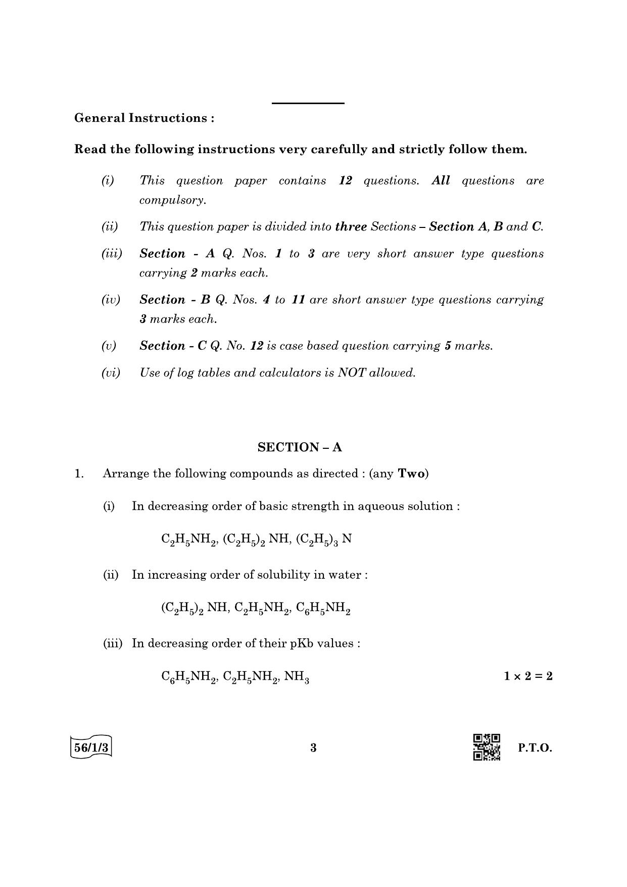 CBSE Class 12 56-1-3 Chemistry 2022 Question Paper - Page 3