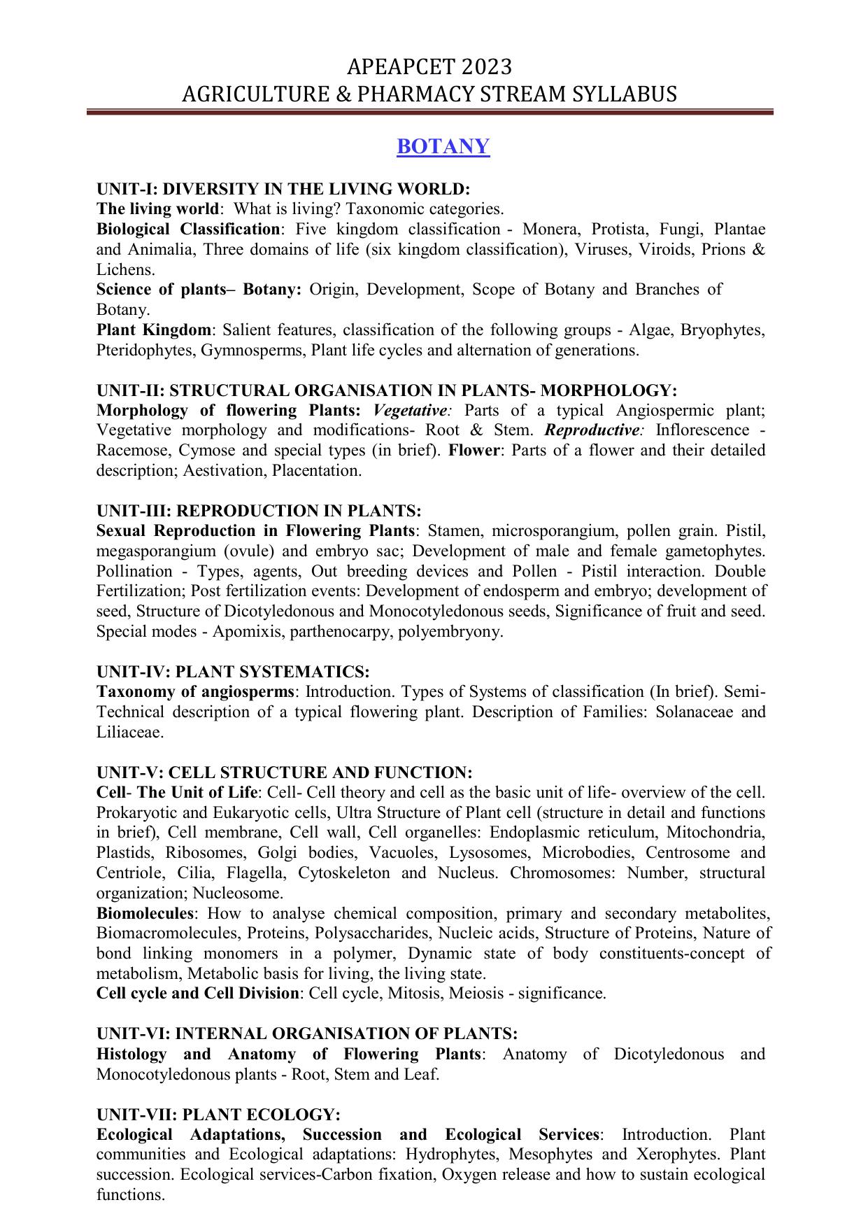 AP EAPCET Agriculture & Pharmacy Syllabus - Page 1