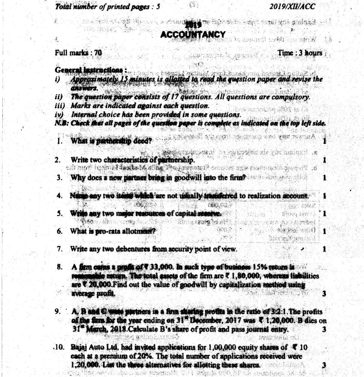 Nagaland Board Class 12 ACCOUNTANCY 2019 Question Papers IndCareer Docs