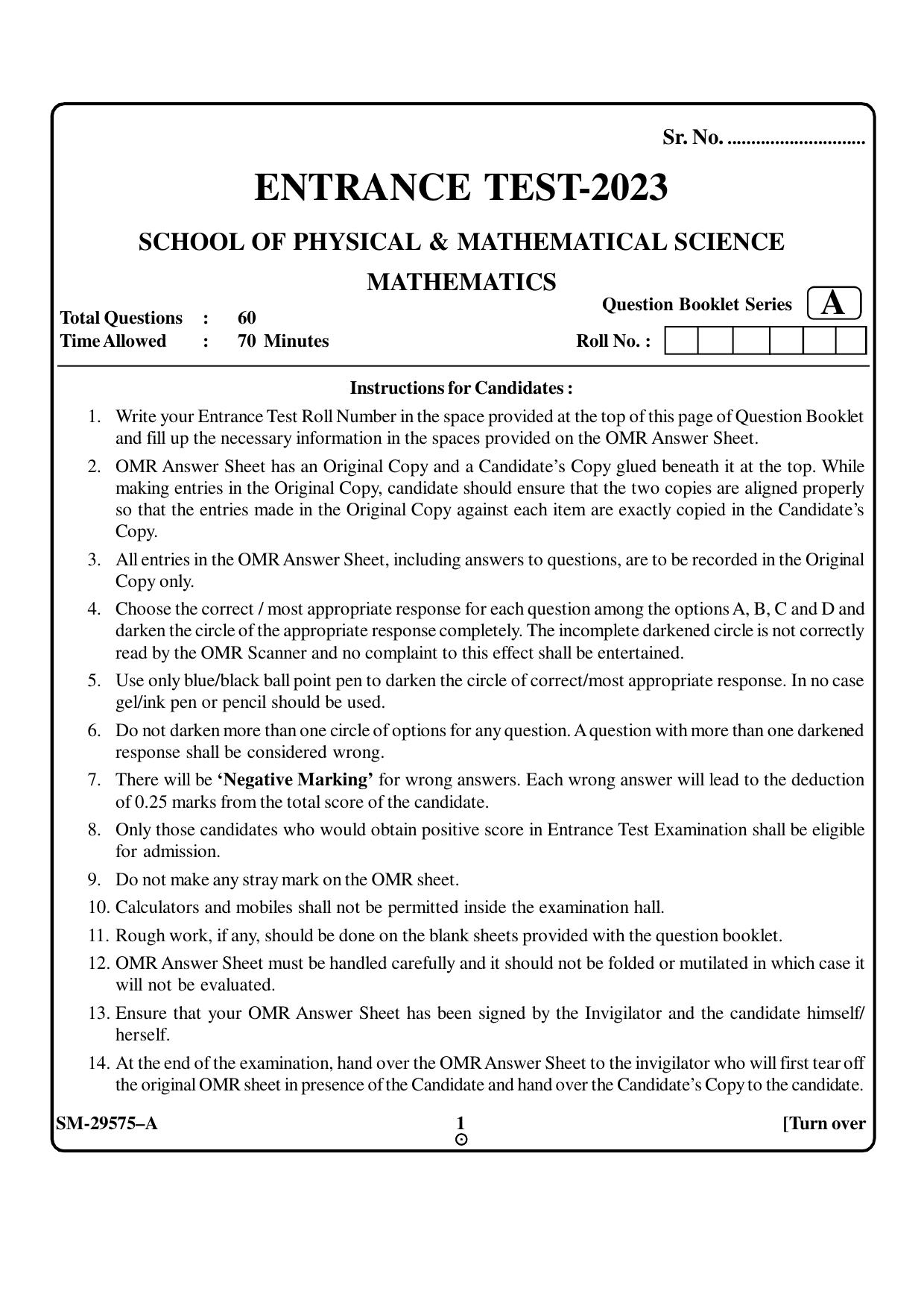 KUET 2023 M.Sc.Mathematics Question Paper - Page 1