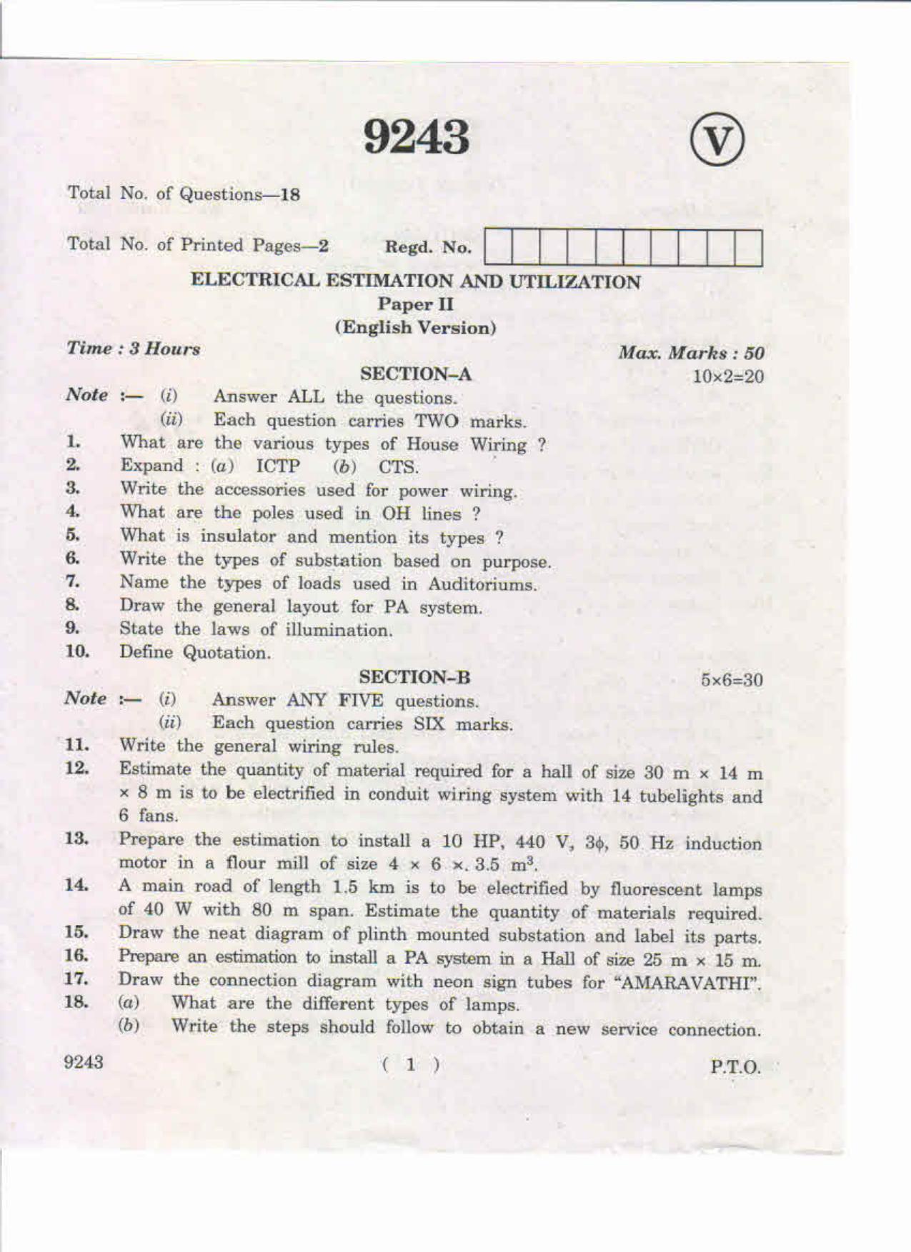 AP Inter. 2nd Year Vocational Question Paper May – 2019 - Electrical Estimation and Utilization-II - Page 1