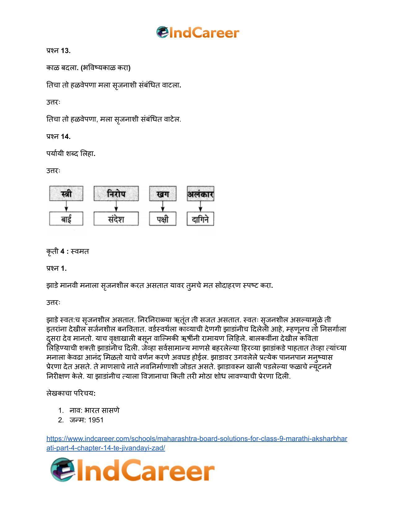 Maharashtra Board Solutions for Class 9- Marathi Aksharbharati (Part- 4): Chapter 14- ते जीवनदायी झाड - Page 69