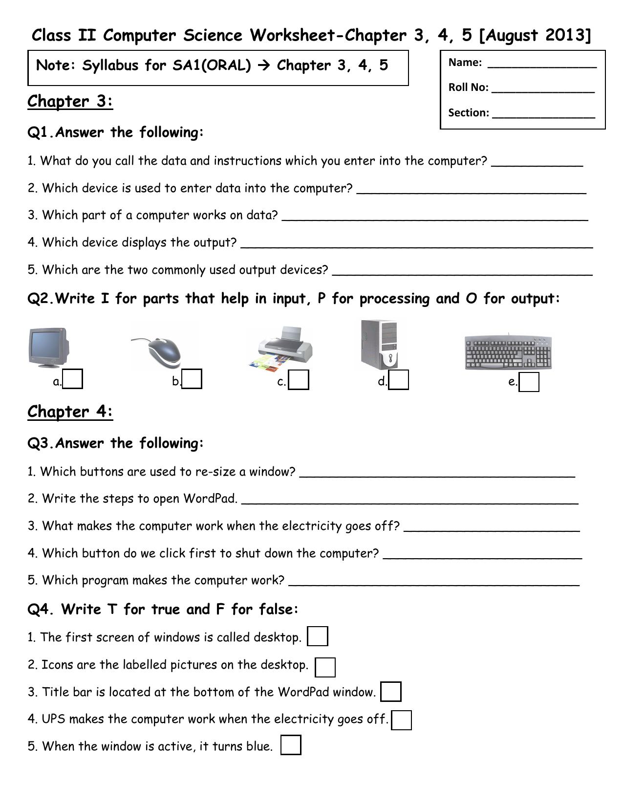 Worksheet for Class 2 Computers Assignment 2 - Page 1