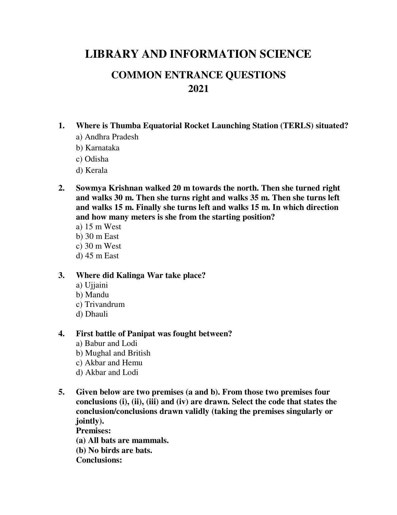 Odisha CPET 2021 LIBRARY SCIENCE Question Paper - Page 1