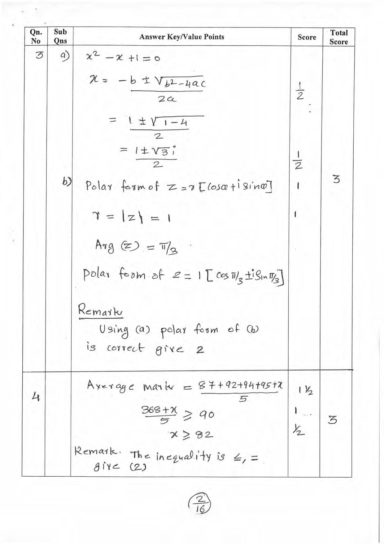 Kerala Plus One 2019 MATHS (SCIENCE). Answer Key - Page 2
